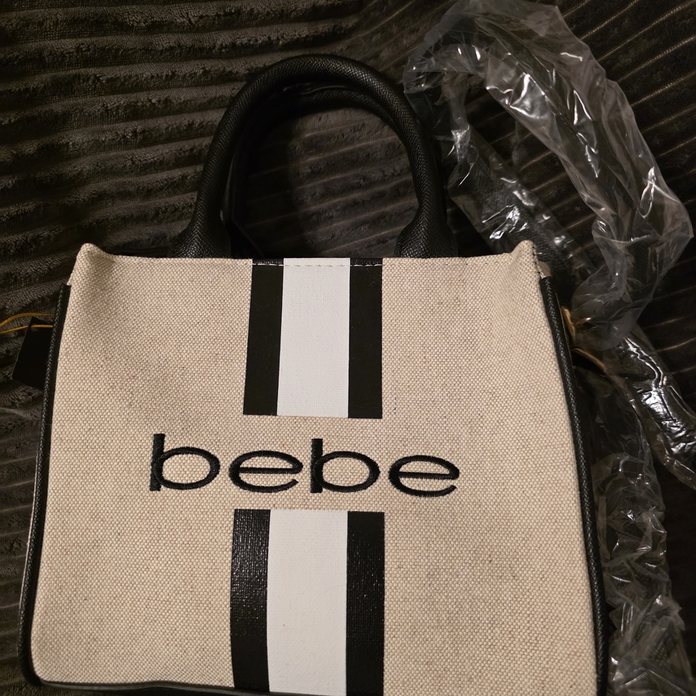 bebe Beige Canvas Tote with Black & White Stripe